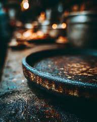 Close-up of a rusty, dark metal tray on a rustic surface.