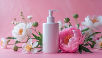 A white bottle with a pump dispenser surrounded by white and pink flowers against a pink background.