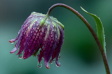 Close-up of a single Fritillaria meleagris flower covered in water droplets.