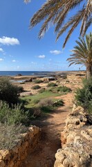 A vertical shot of a rocky coastline with sparse vegetation and palm trees against a bright blue sky with puffy white clouds