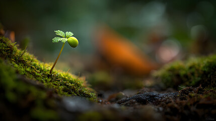 Close-up of a small plant sprout emerging from mossy ground.