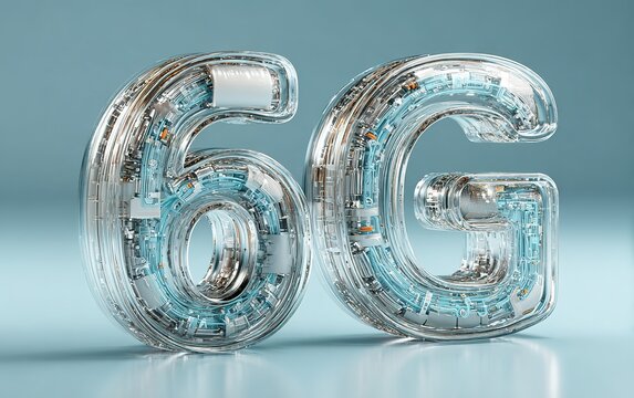 A futuristic 3D rendering of the text "6G" in a transparent, glass-like material with visible internal circuitry, representing next-generation technology.