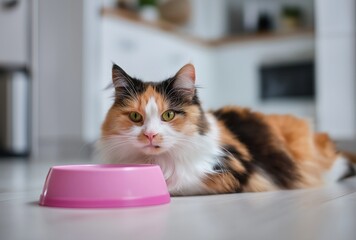 A calico cat lies on the floor, gazing curiously at a pink food bowl in a modern kitchen setting.