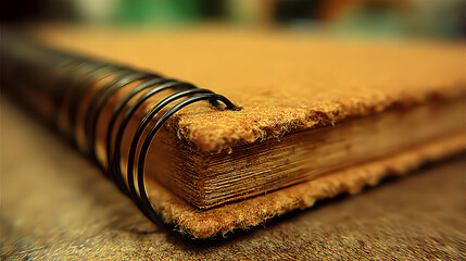 Close-up of a tan leather-bound notebook with a metal spiral binding.