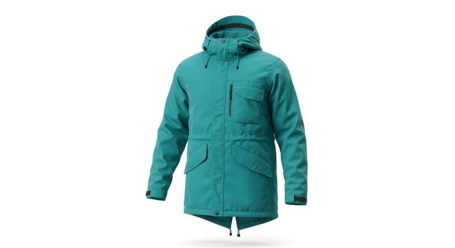 Teal Winter Parka Jacket with Hood and Pockets - Isolated on White - Powered by Adobe