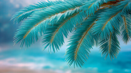 Close-up of a teal-colored conifer branch against a blurred teal and pink background.