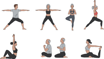 Black silhouette yoga poses, standing, seated, balance, stretching, meditation, fitness, flexibility, wellness, exercise, posture, body, vector illustration, lifestyle