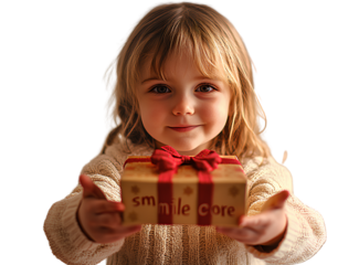 a young girl holding out a gift box, isolated on a transparent background.