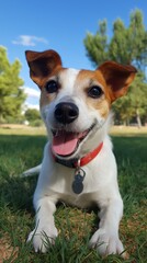 A cheerful dog lies on the grass, enjoying a sunny day, with trees in the background and a joyful expression.