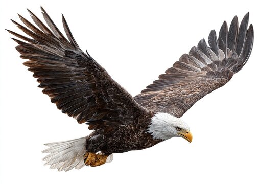 Powerful bald eagle in flight against a white background