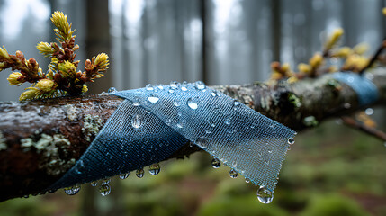 Close-up of a tree branch with blue grafting tape and water droplets, in a foggy forest.