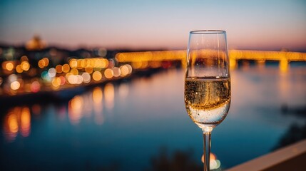 A tall champagne flute sparkles with bubbles against a blurred backdrop of glowing city lights and a dusky, twilight river
