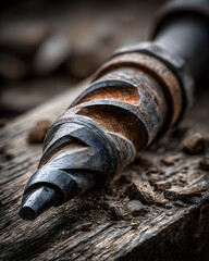 Close-up of a used, rusty drill bit on a dark wooden surface.