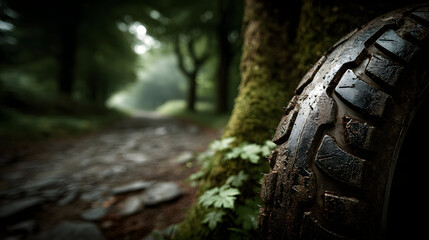 Close-up of a used tire leaning against a moss-covered tree in a forest.