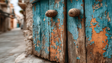 Close-up of a weathered, teal wooden door with peeling paint, showing aged metal door knobs.  A blurred cobblestone street is visible in the background.