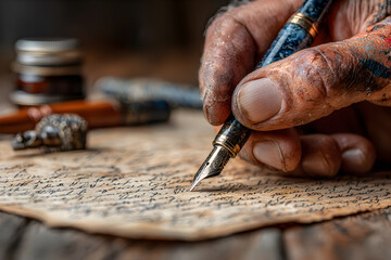 Close-up of a weathered hand writing with a fountain pen on aged paper.