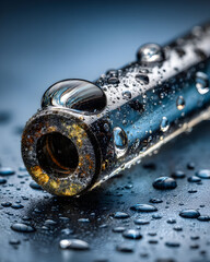 Close-up of a wet, metallic tube with water droplets on a dark surface.