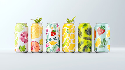 Premium canned beverages with vibrant fruit designs, showcasing refreshing flavors and colorful packaging that evoke sense of summer joy