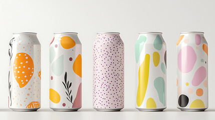 Fototapeta premium Premium canned beverages with colorful and artistic designs displayed in row, showcasing vibrant patterns and modern aesthetics