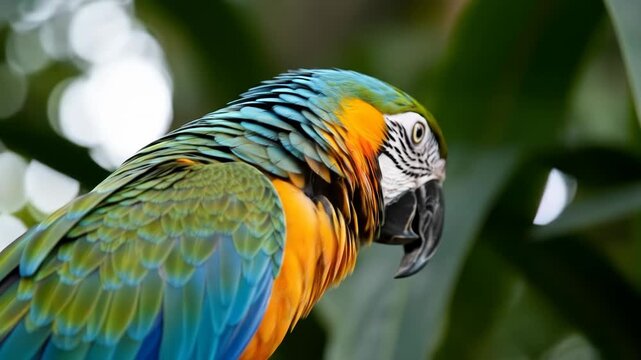 A macaw's vibrant plumage is showcased, focusing on its feathered back and head with blue, yellow, orange, green hues, against blurred foliage