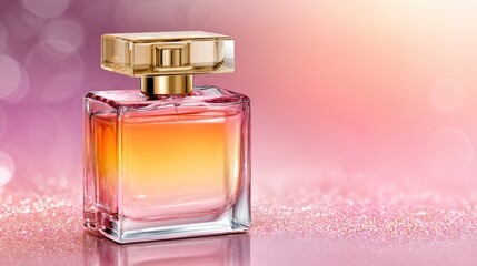 Elegant perfume bottle with a golden cap stands on glittery surface, showcasing its ombre-colored liquid against a bokeh background of pink and white