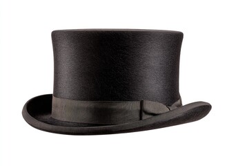 Dark top hat, side view, against white background.  A classic, smooth black top hat with a dark gray ribbon band