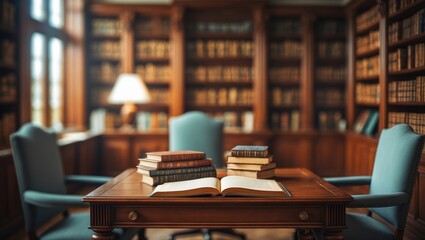 A cozy library room with a wooden table, open books, and armchairs, surrounded by tall bookshelves filled with books, and a lamp providing warm lighting.