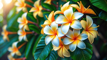 Obraz premium Cluster of tropical flowers with white, yellow, and orange petals surrounded by green leaves.