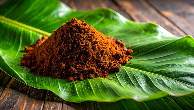 Authentic Indonesian luwak coffee powder on banana leaf macro photography
