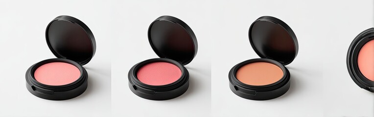 Three round blush compact palettes in various shades of pink and coral