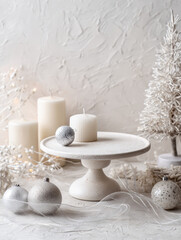 Elegant white Christmas scene with candles, ornaments, and small tree on textured background, creating serene holiday atmosphere