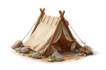 Rustic beige canvas tent on a sandy base, surrounded by rocks and grass. Wooden poles support the simple shelter