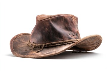 Worn leather cowboy hat, angled, light brown