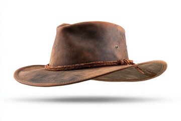 Russet leather cowboy hat, slightly angled, floats against white