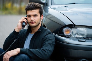 Man on Phone Beside Damaged Car - Roadside Assistance, Accident, Breakdown