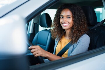 Smiling African American Woman Driving Car, Looking at Camera