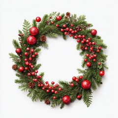 Circular Christmas wreath, red berries, pine boughs