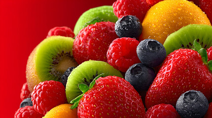 Close-up of assorted berries and sliced kiwi fruit on a red background.