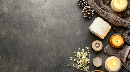 Relaxing spa setting with candles, towels, and natural elements creating serene atmosphere for wellness treatments and self care