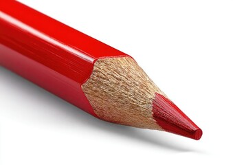 Close-up of a red colored pencil's tip and body, angled slightly, against a plain white background