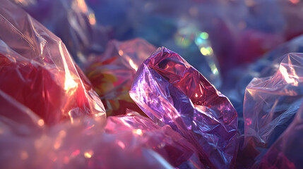 Close-up of crumpled plastic bags in purple and red hues.