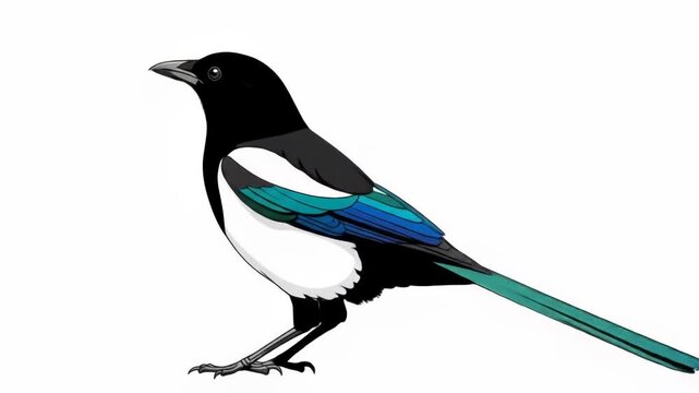 A stylized bird illustration on white. It depicts a magpie, showing its black head/back and white chest, some green/blue on its wings. The legs are thin and black