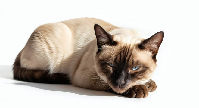 Serene Siamese Cat Lounging on White Backdrop in Radiant Sunlight with Intense Gaze