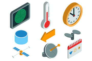 Isometric weather forecast icons including radar thermometer clock and calendar providing a detailed view of environmental elements