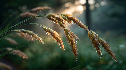 Close-up of grass seed heads illuminated by sunlight in a forest.