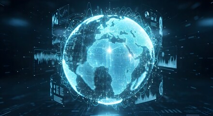 Global data analytics futuristic interface shows international network connections and digital transformation
