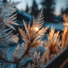 Close-up of frost-covered branches with warm-toned lights in the background.