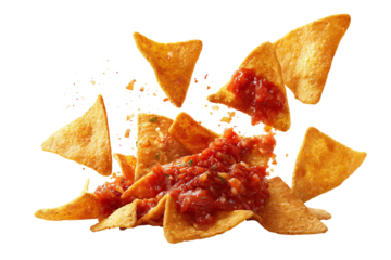 Crispy tortilla chips dipped into spicy tomato salsa on transparent background