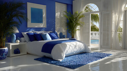 A bedroom with blue and white decor, featuring a bed, nightstands, and a view of a pool through an arched window.