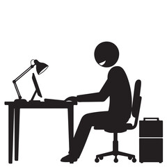 Office Worker Silhouette at Desk with Computer and Lamp